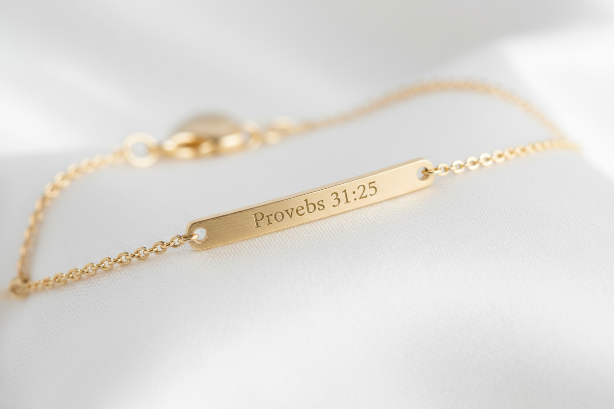 Bible Verse Gold Bar Bracelet - Proverbs 31:25