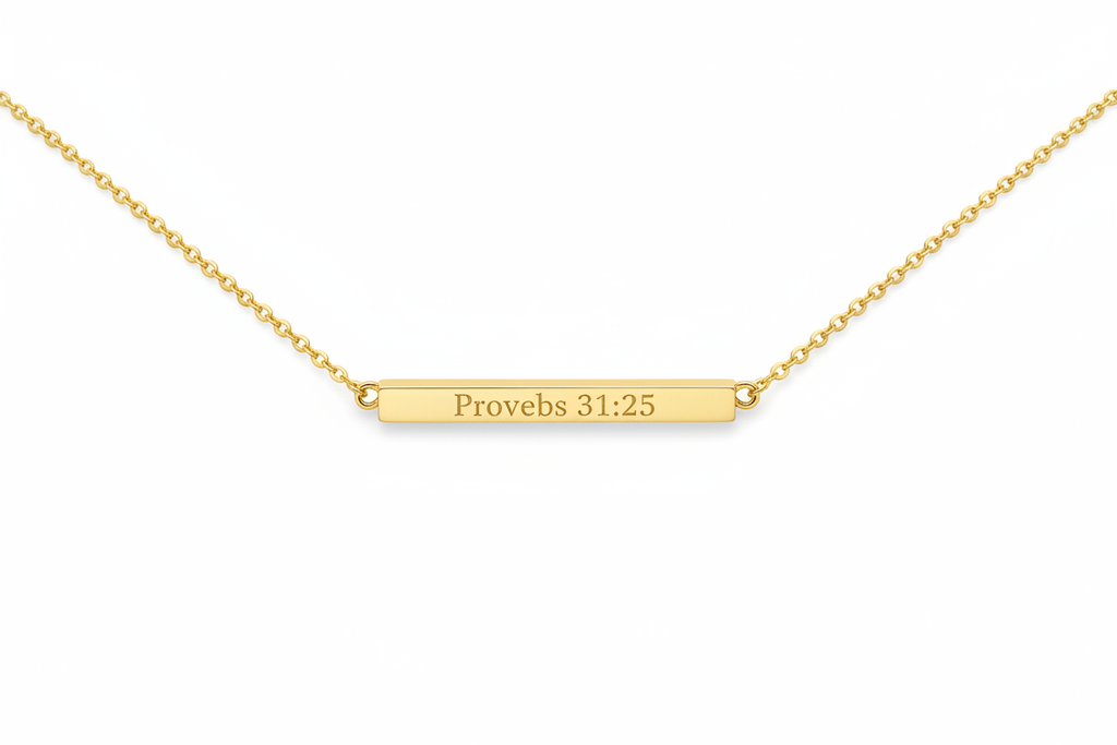Bible Verse Gold Bar Necklace - Proverbs 31:25