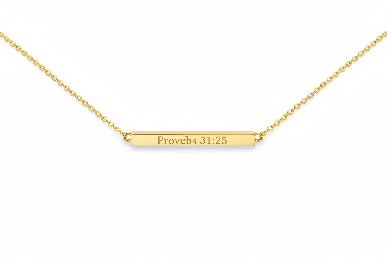 Bible Verse Gold Bar Necklace - Proverbs 31:25